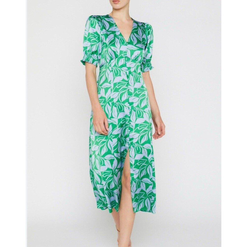 Dunnes Stores Green Floral Satin Midi Dress Size 18 Femenine Party Office Retro